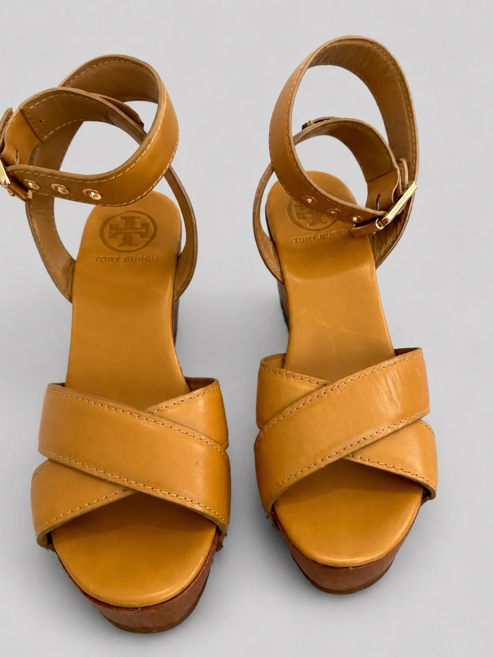 Tory Burch Almita Wood Platform Wedge Sandals Tan Leather Crisscross Sz 9 Resort